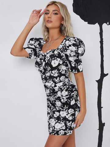 Puff Sleeve Ruched Allover Floral Dress