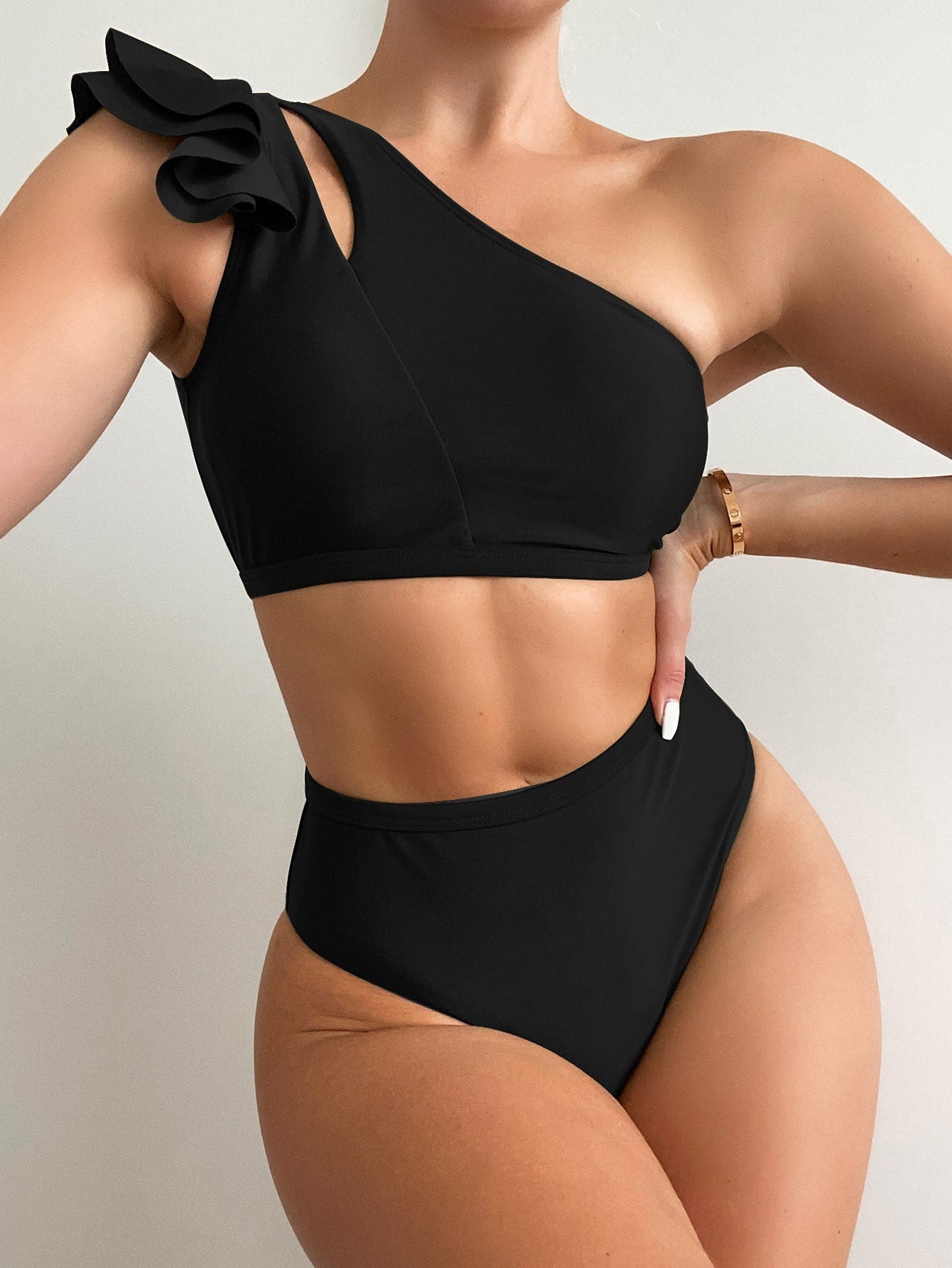Mono Bikini Set Ruffle Trim One Shoulder Wireless Bra Top & High Waist Bikini Bottom 2 Piece Swimsuit