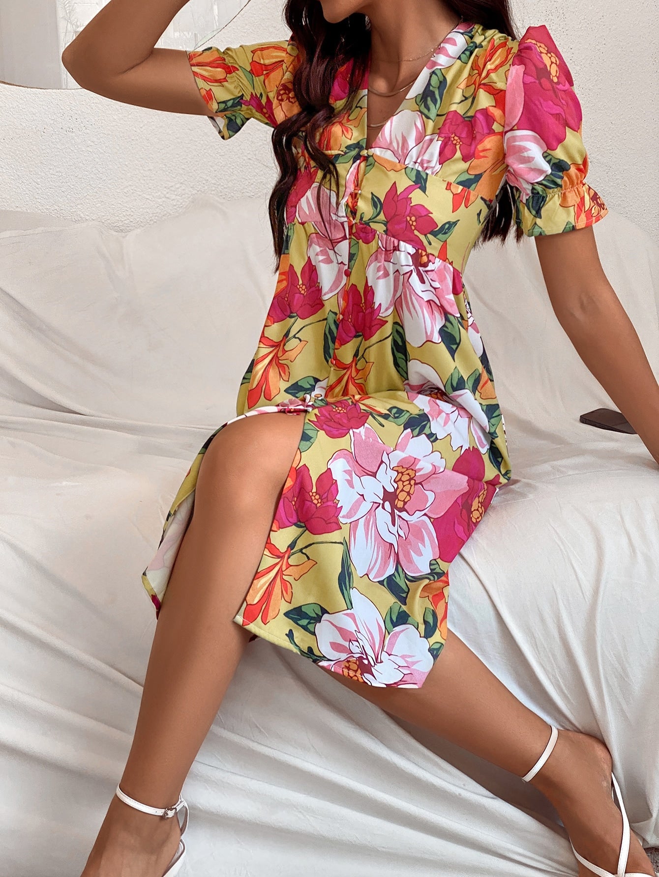 Floral Print Puff Sleeve Button Front Dress