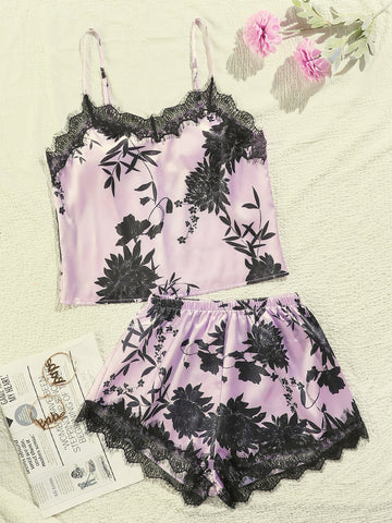 Satin Contrast Lace Floral Cami Top With Shorts Night Set
