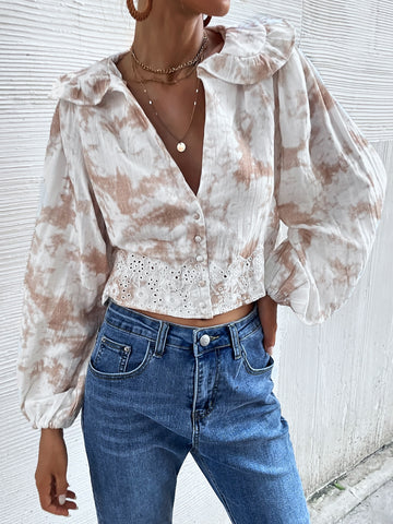 Plunging Neck Eyelet Embroidery Tie Dye Blouse