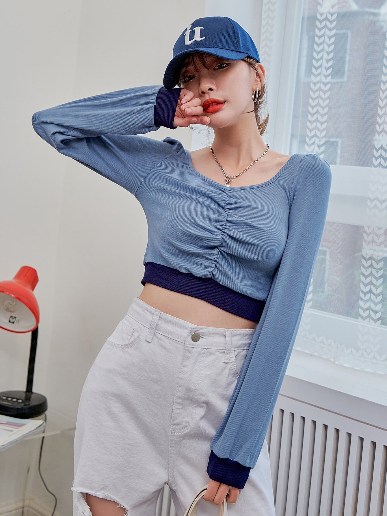 Contrast Panel Ruched Crop Tee