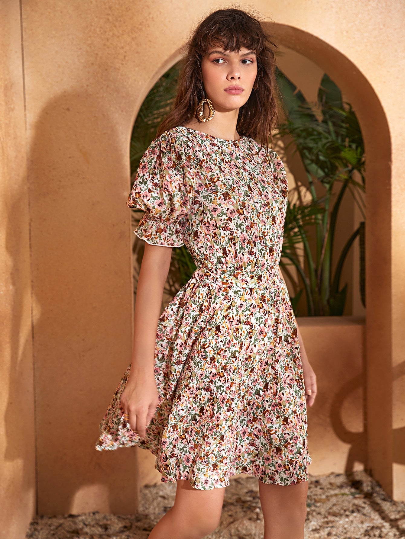 Floral Shirred Puff Sleeve Dress