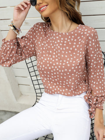 Ditsy Floral Keyhole Back Knot Cuff Blouse