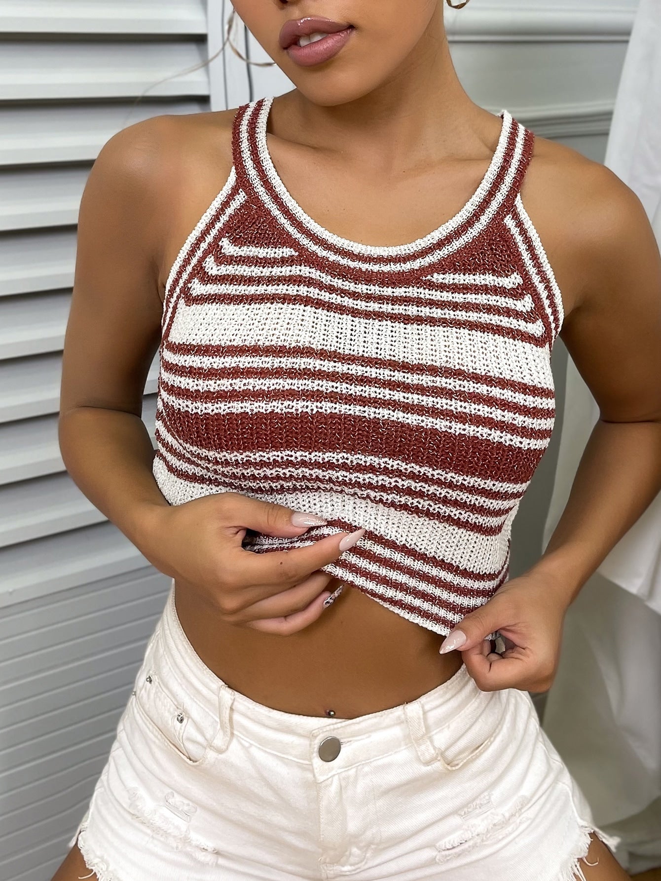 Striped Pattern Crop Halter Knit Top