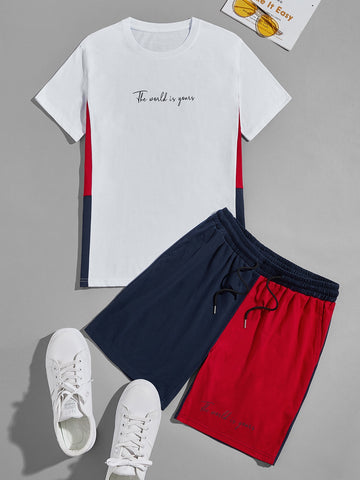 Men Letter Graphic Tee & Colorblock Track Shorts