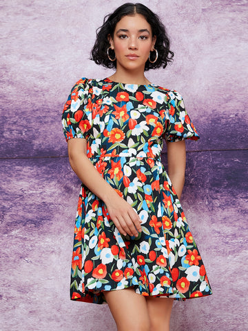 Allover Floral Print Puff Sleeve A-Line Dress