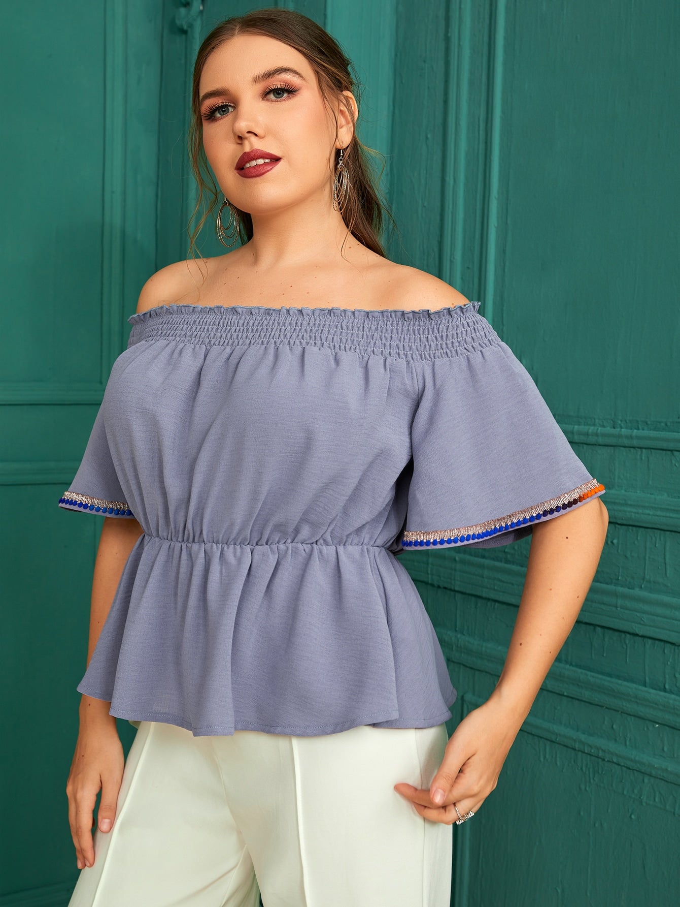 Plus Solid Off The Shoulder Butterfly Sleeve Peplum Blouse