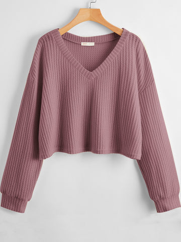 Plus Solid V-Neck Waffle Knit Tee