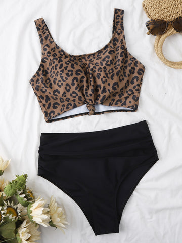 Summer Beach Leopard Knot Front High Waisted Bikini Swimsuit