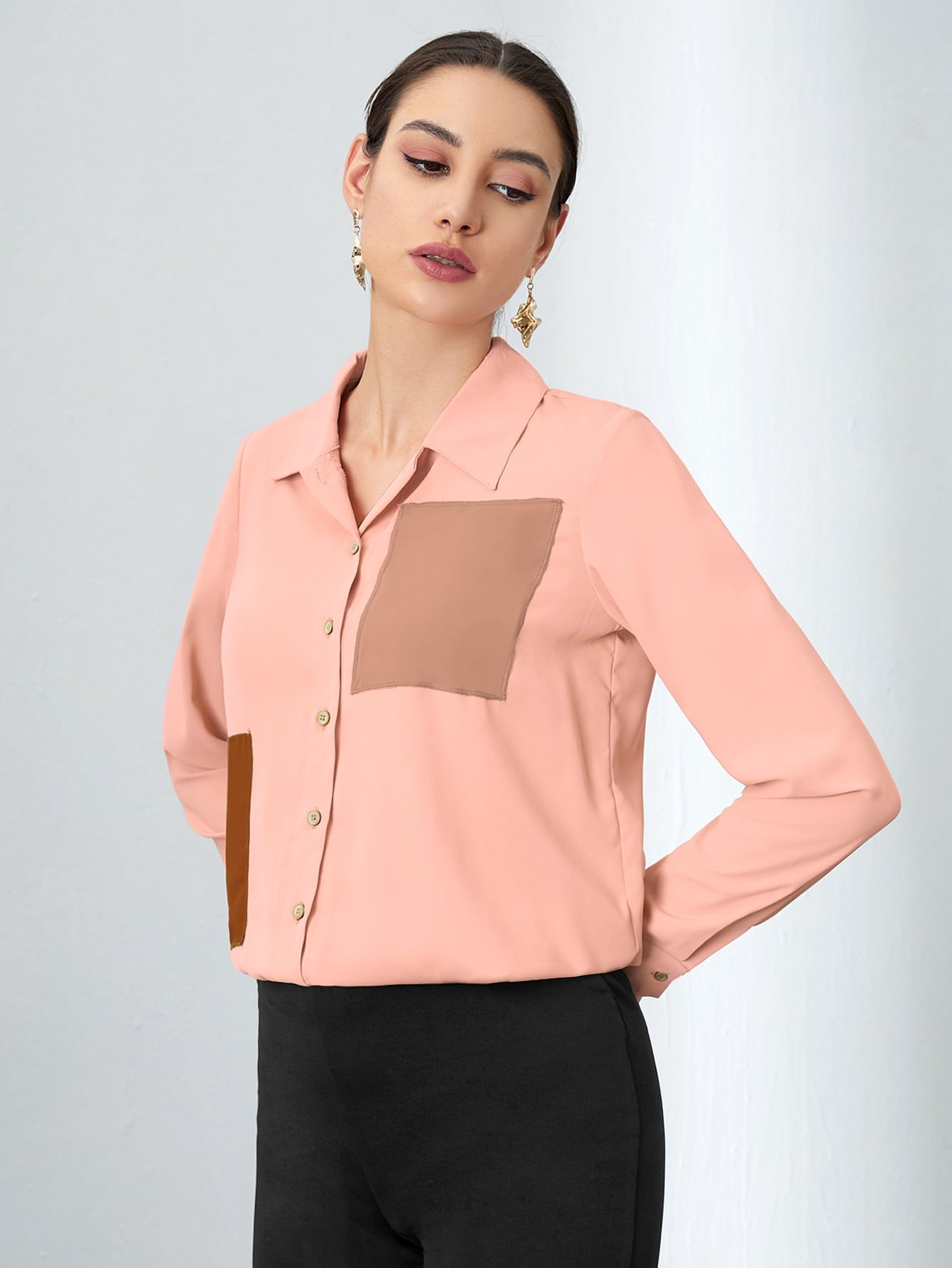 Solid Button Front Pocket Patched Blouse
