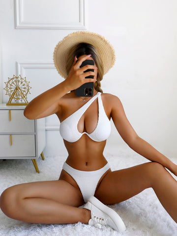 Summer Beach Textured Bikini Set Underwire One Shoulder Bra & High Cut Bottom 2 Piece Bathing Suit