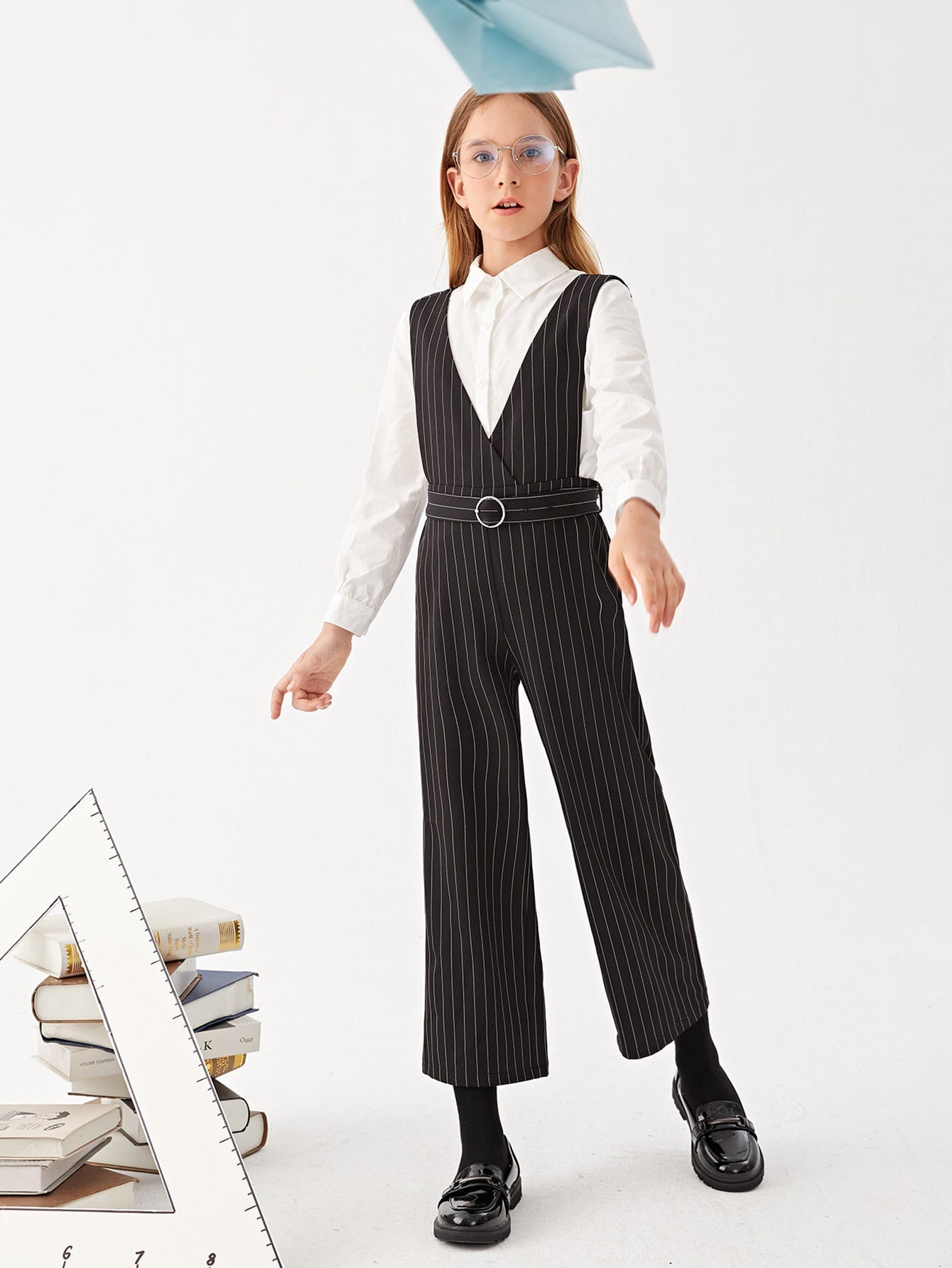 Girls Solid Button Up School Blouse & Striped Print Belted Overall Jumpsuit