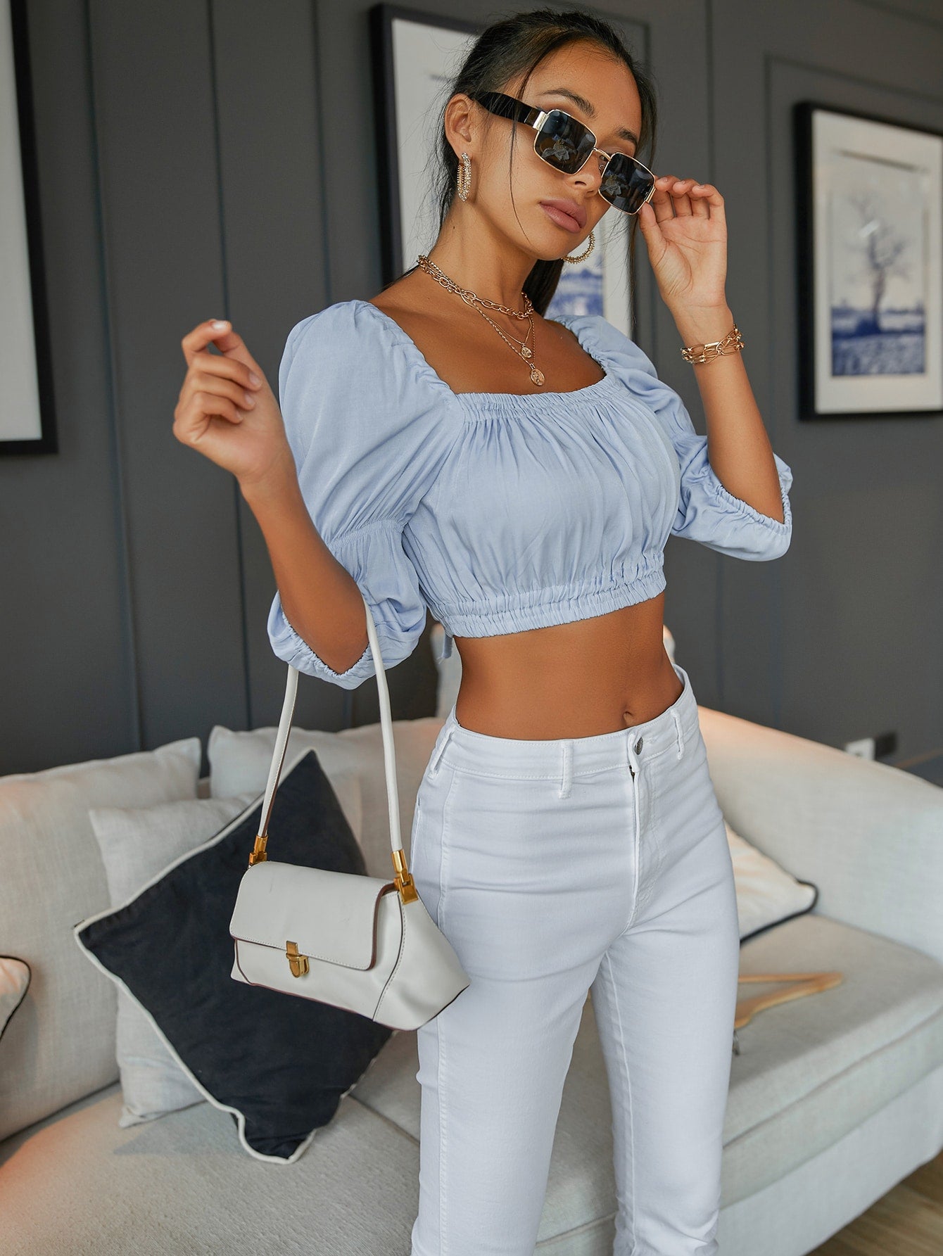 Solid Scoop Neck Ruched Bust Gather Sleeve Blouse