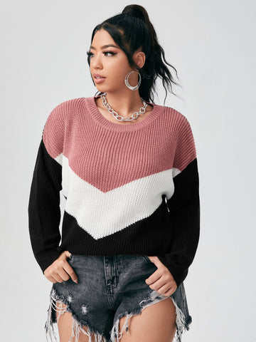 Plus Colorblock Ribbed Knit Drop Shoulder Sweater