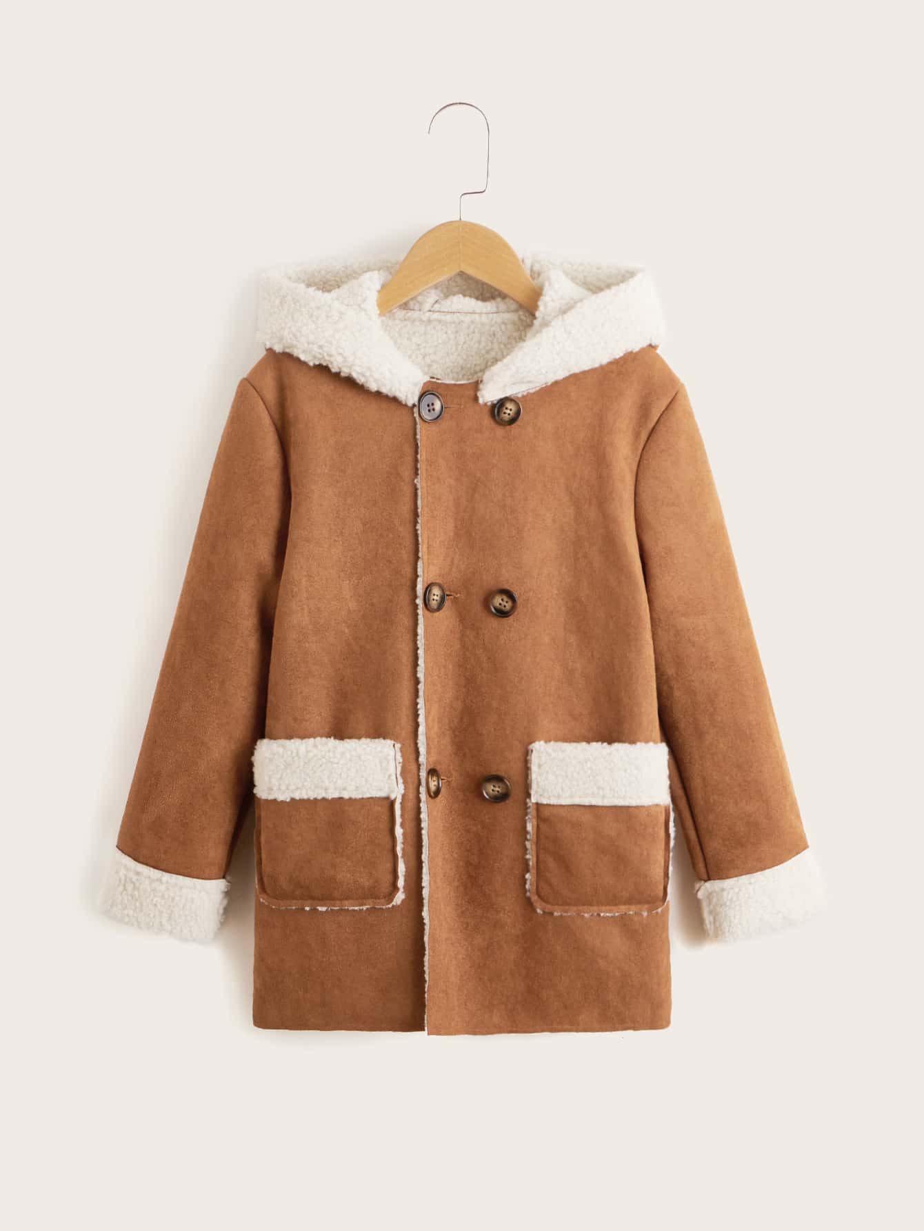 Boys Teddy Panel Double Breasted Suedette Hooded Coat