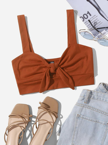 Knot Front Solid Crop Cami Top