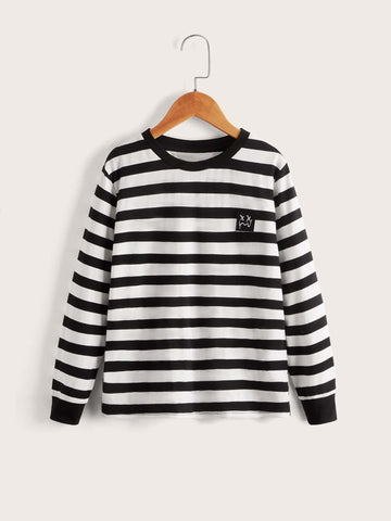 Spring/Autumn Leisure Long Sleeve Round Neck Teen Boy Striped Graphic Applique Detail T-Shirt