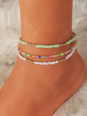 3pcs Simple Beaded Anklet