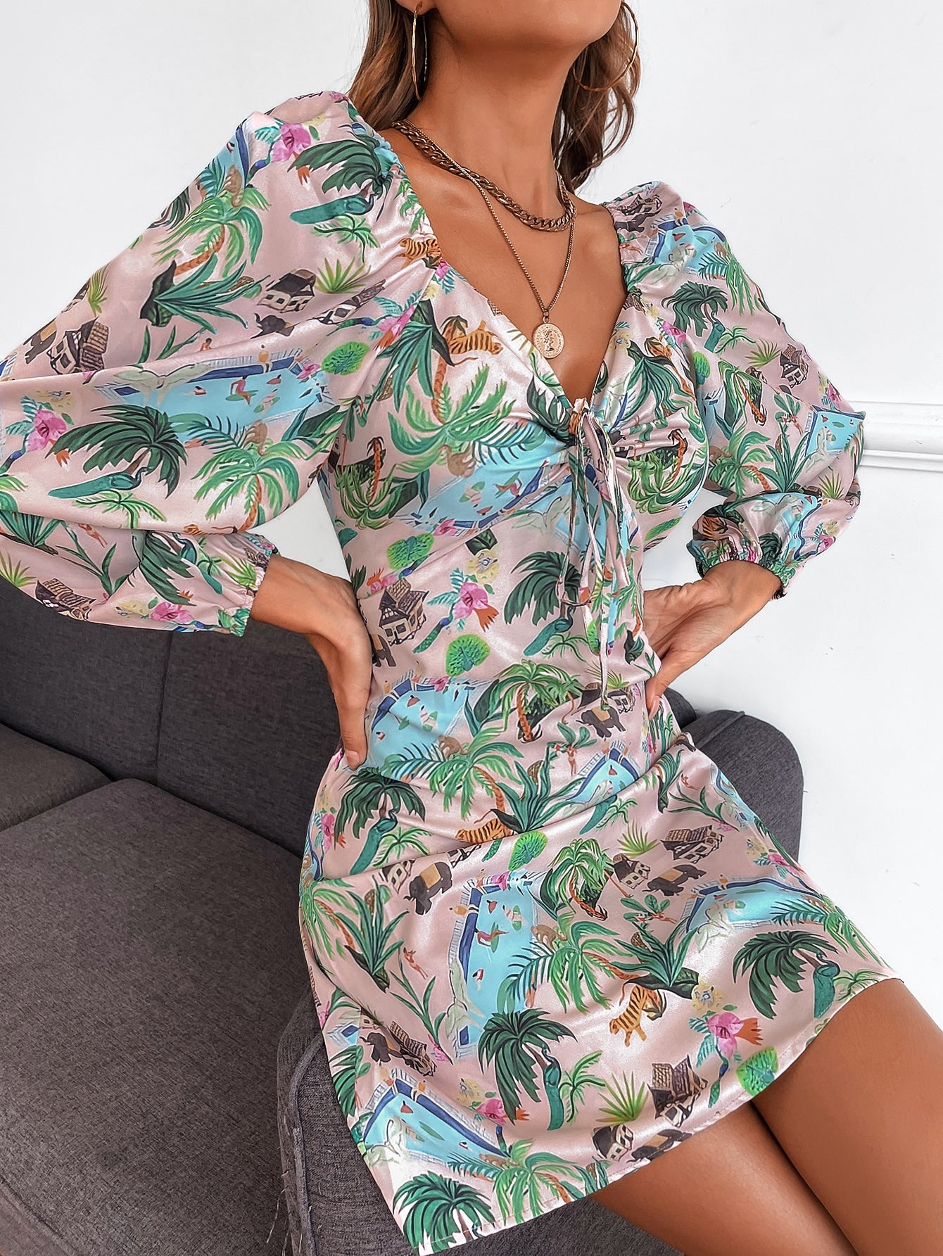 Tropical Print Knot Front Sweetheart Neck Dress