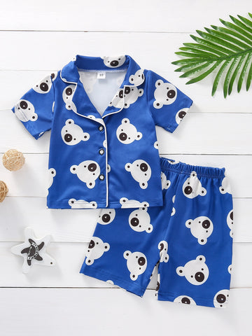 Baby Cartoon Bear Print Contrast Piping 1 Shirt With 1 Shorts