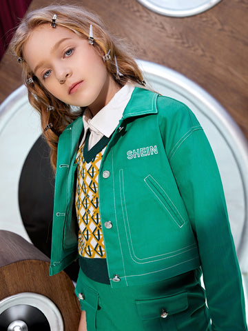 Girls Letter Embroidery Top-stitching Jacket