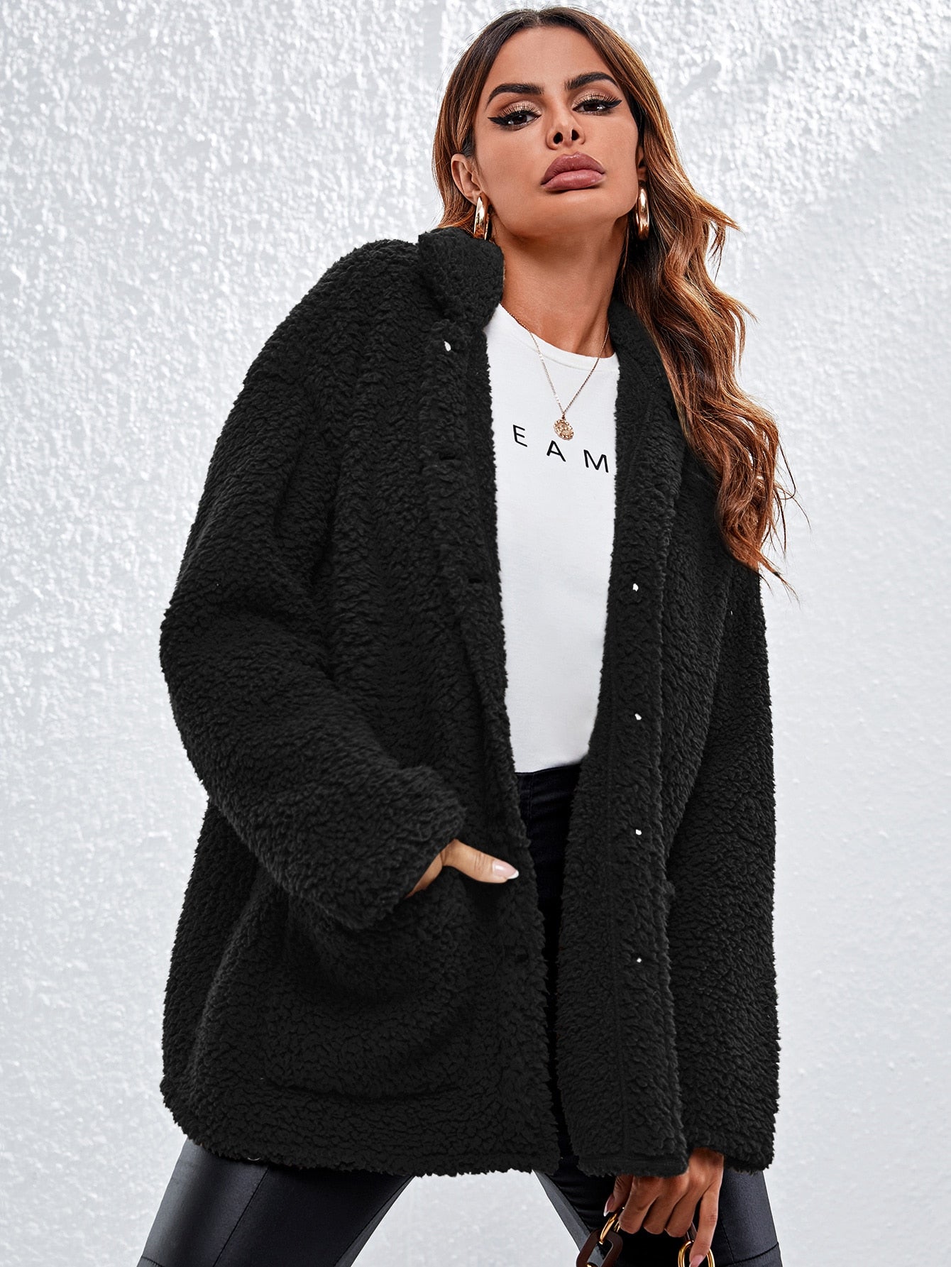 Collared Single Breasted Pocket Front Teddy Coat