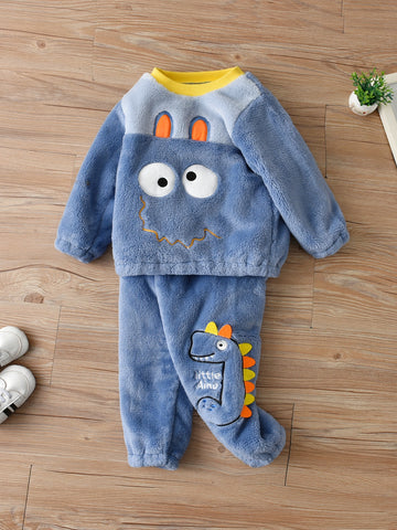 Young Boy Cartoon Embroidered Flannel Pullover & 3D Patched Pants