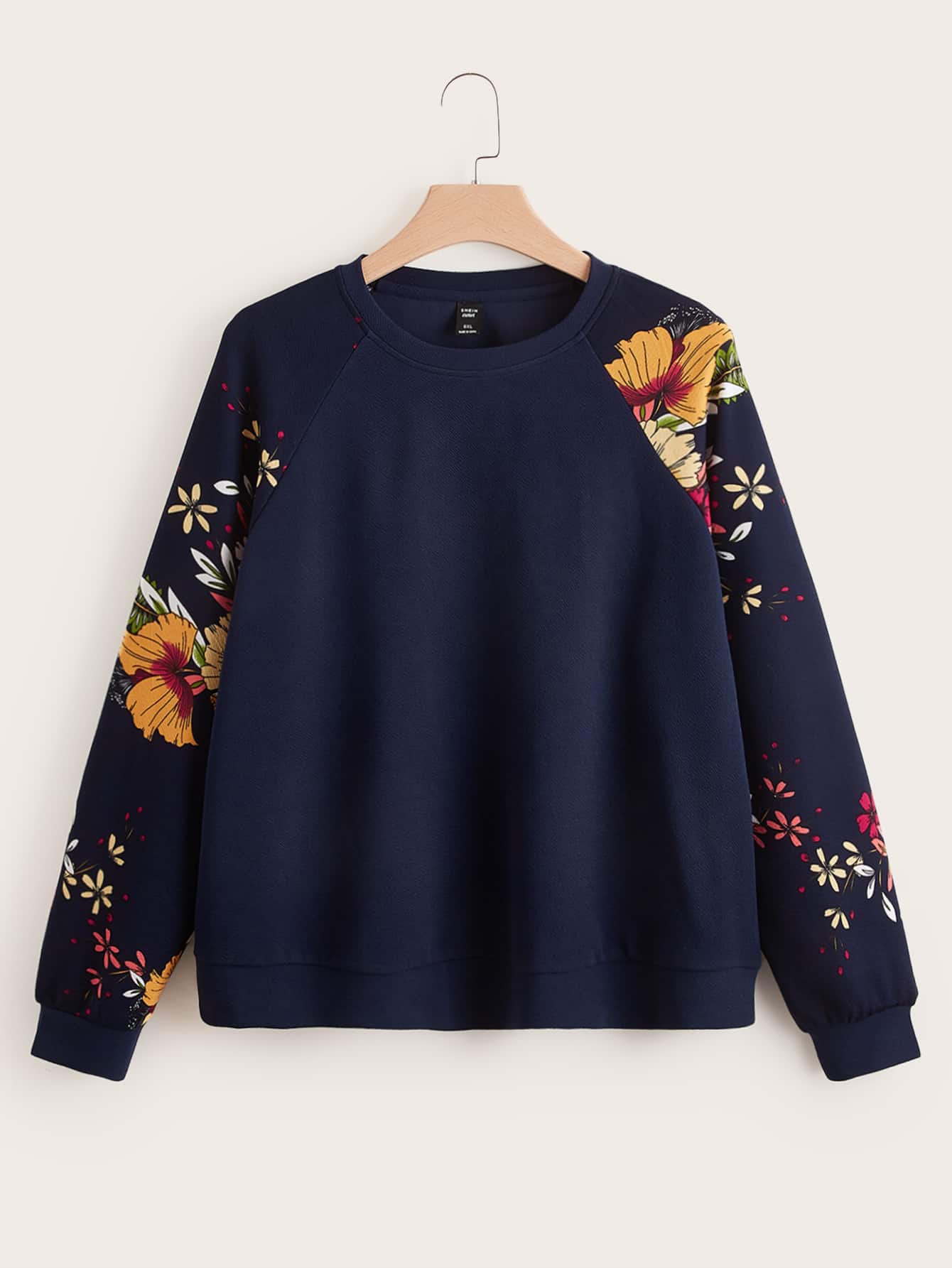 Plus Floral Print Raglan Sleeve Pullover