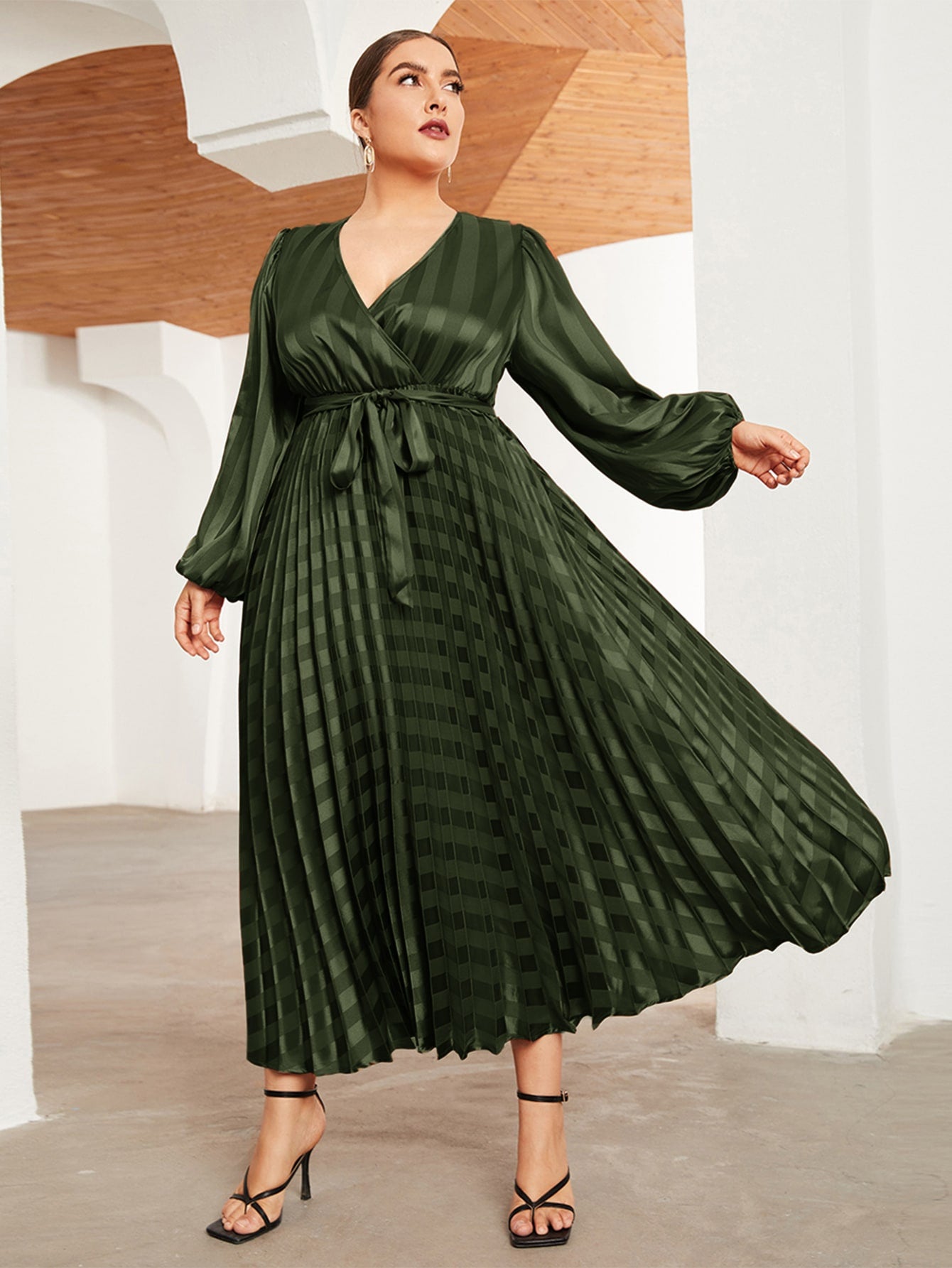Plus Surplice Neck Belted Pleated Striped Dress