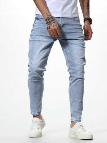 Men Zipper Fly Washed Tapered Jeans
