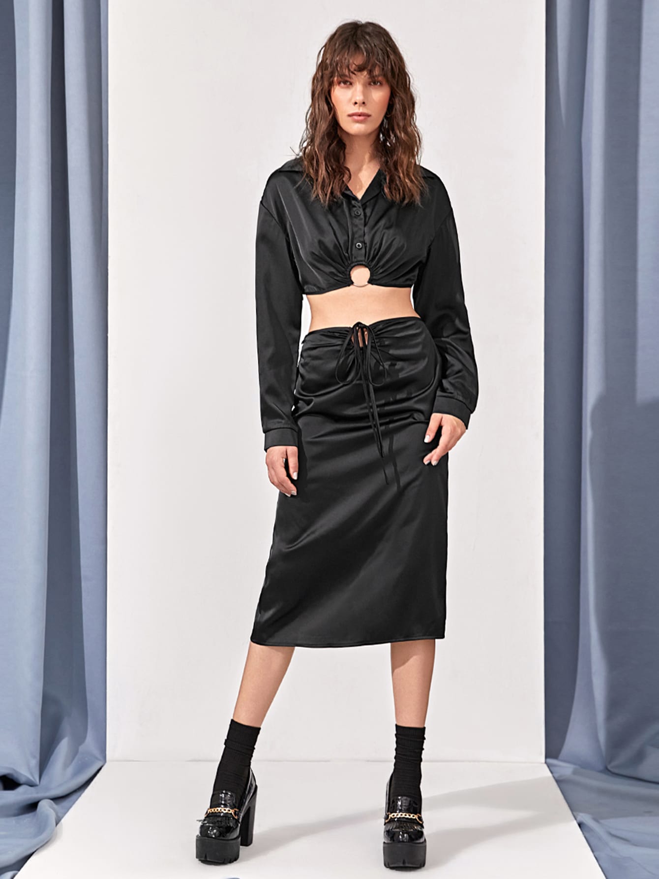 O-ring Drop Shoulder Crop Blouse & High Waist Knot Front Skirt