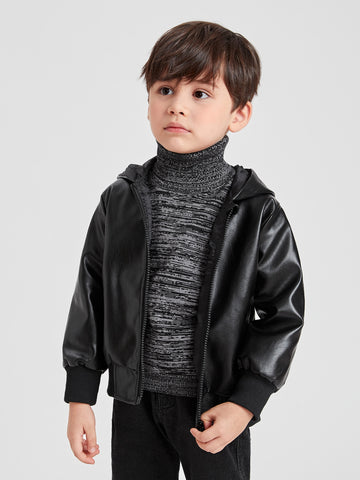 Young Boy Zipper Hooded PU Leather Jacket