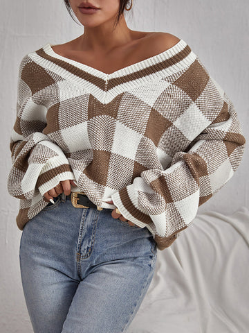 Buffalo Plaid Pattern Drop Shoulder Sweater