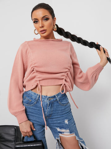 Drawstring Front Solid Crop Sweater