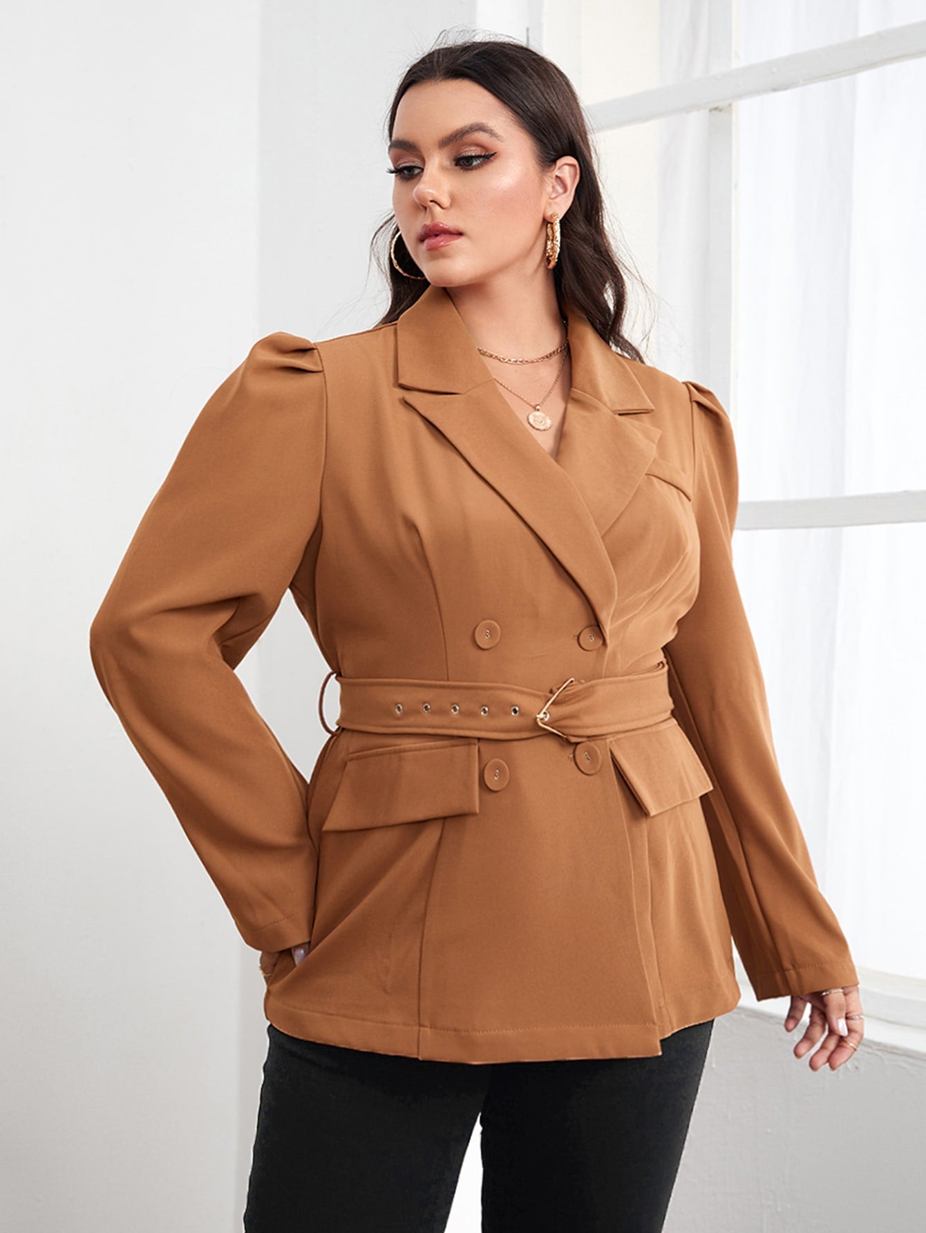 Plus Lapel Neck Double Breasted Belted Blazer