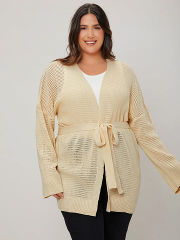 Plus Belted Pointelle Knit Cardigan