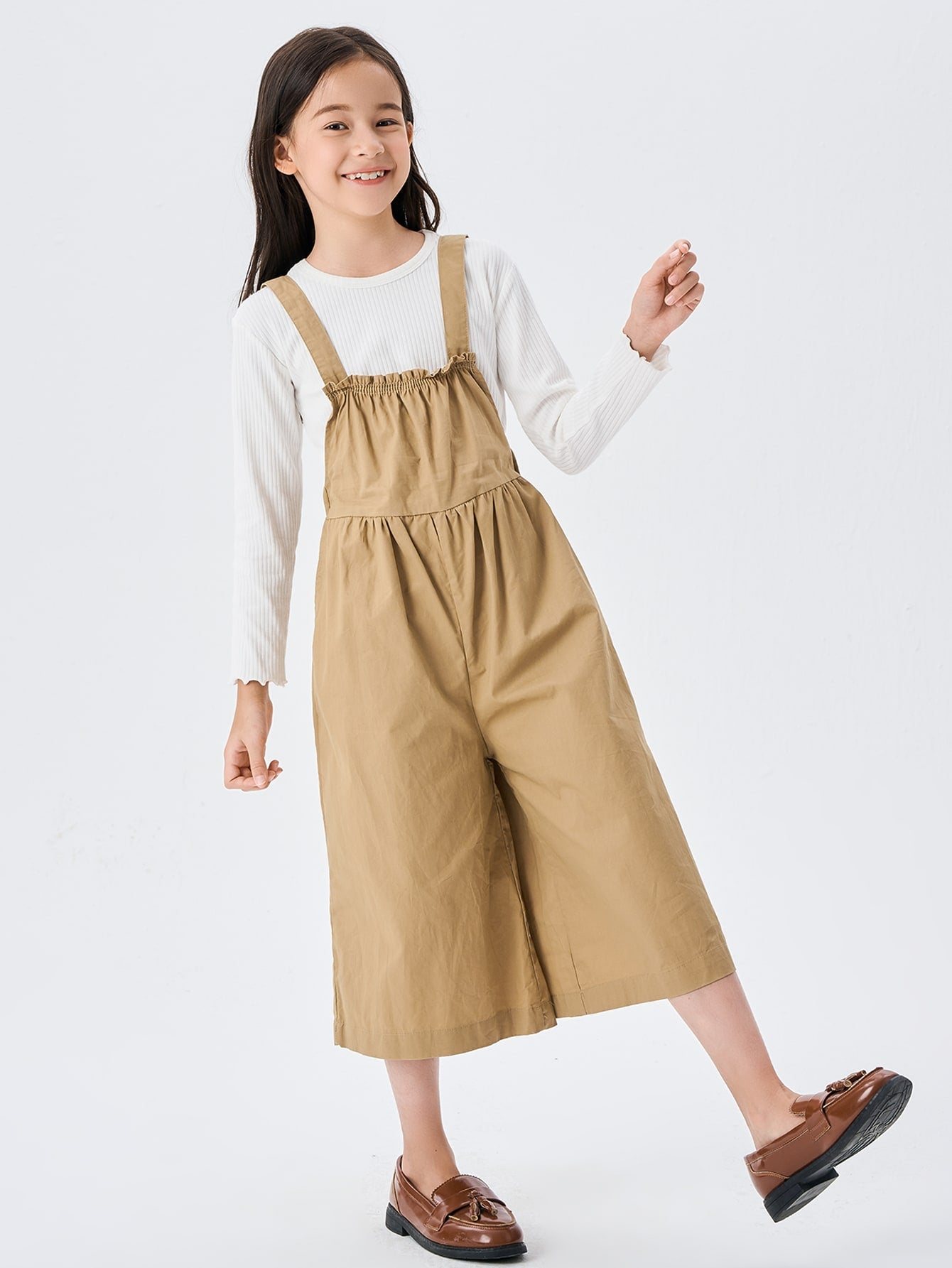 Girls Ribbed Knit Tee & Frilled Overall Jumpsuit