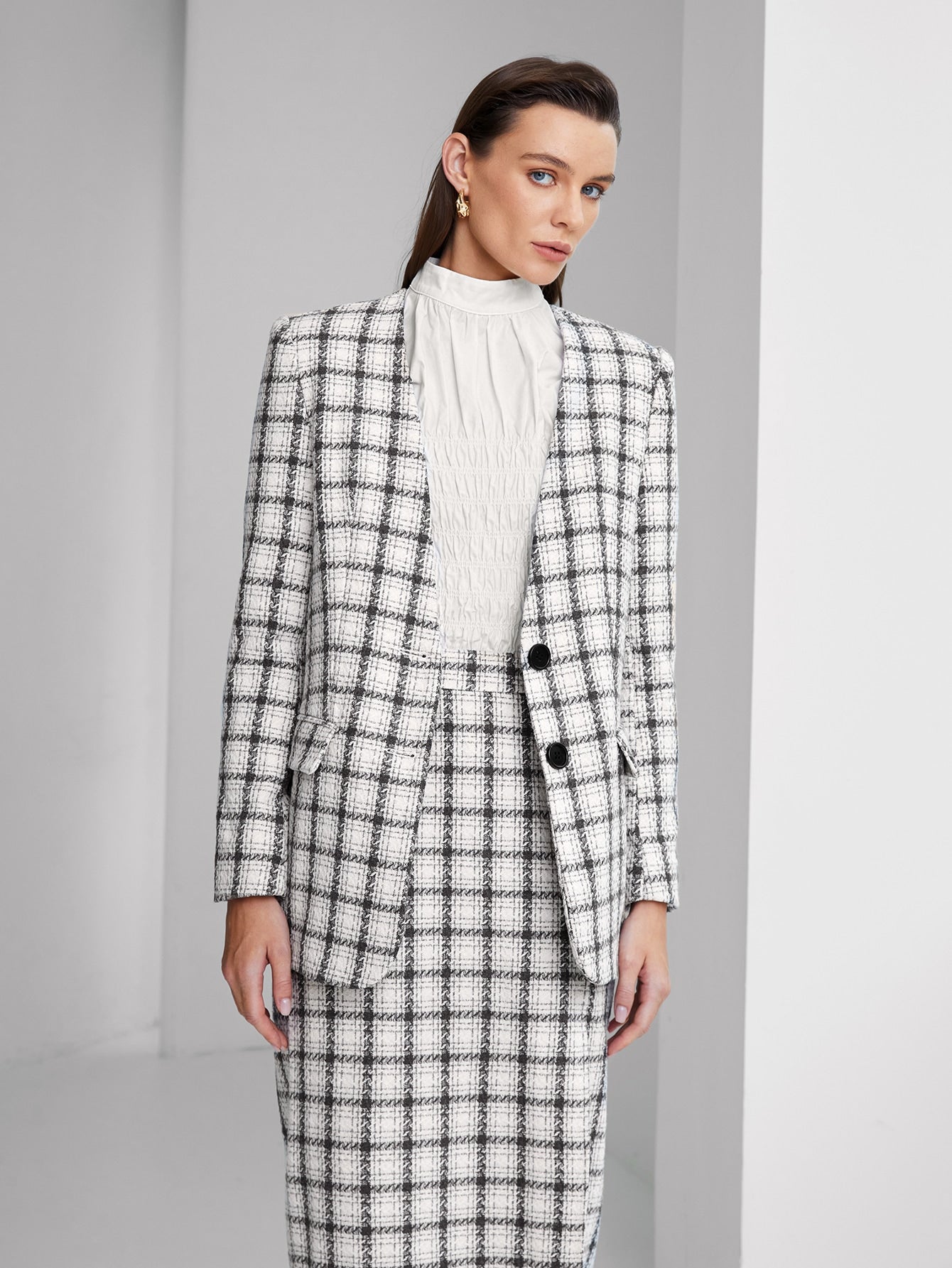 Button Front Flap Detail Plaid Tweed Overcoat