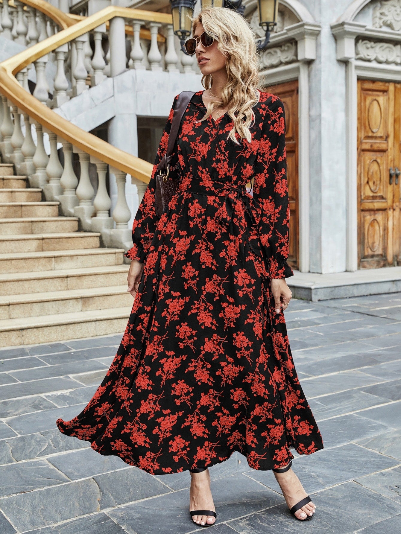 Allover Floral Flounce Sleeve Belted Dress