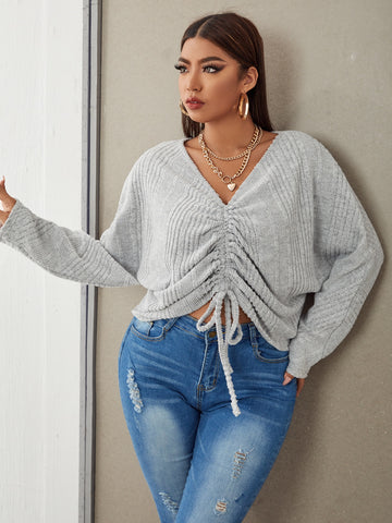 Plus Dolman Sleeve Drawstring Ruched Front Tee