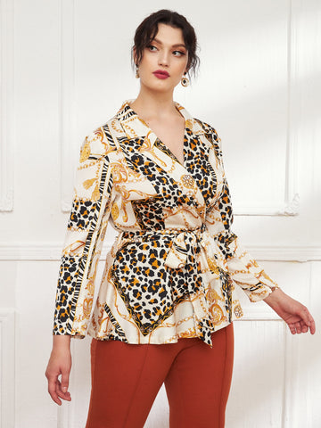 Plus Leopard & Chain Print Belted Satin Blouse