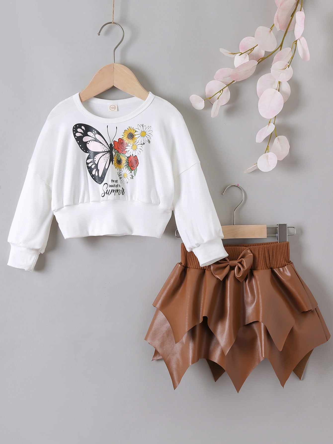 Young Girl Butterfly & Floral Print Sweatshirt & Bow Front Asymmetrical Skirt
