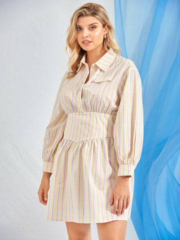 Plus Striped Print Half Button Shirt Dress