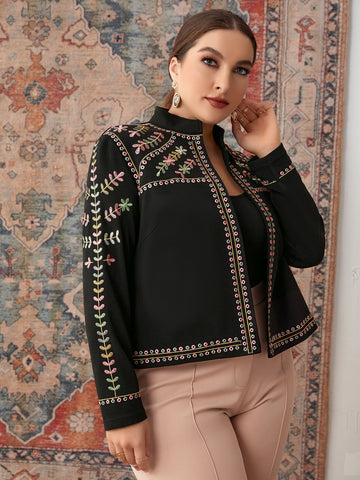 Plus Plant Embroidery Open Front Jacket