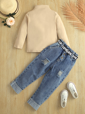 Young Girl Mock Neck Top & Ripped Belted Jeans