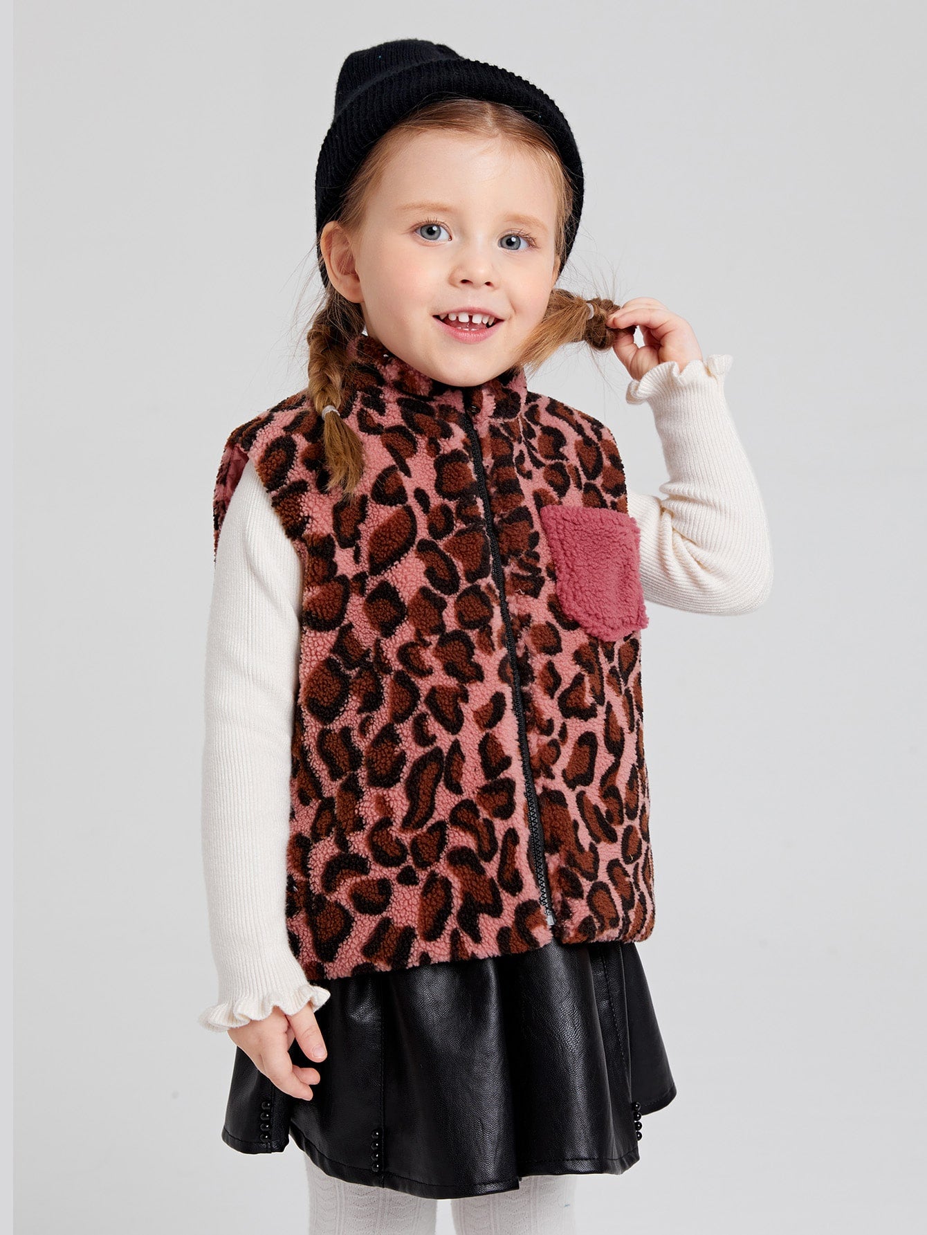 Toddler Girls Leopard Pattern Patched Pocket Teddy Vest Jacket