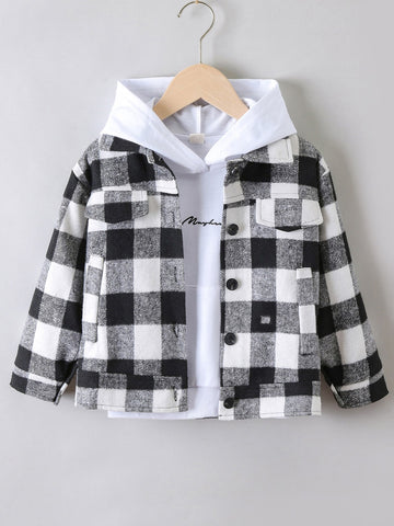 Toddler Boys Gingham Button Through Flap Detail Overcoat Without Hoodie