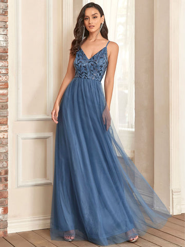 Sequins Embroidery Pattern Mesh Bridesmaid Dress