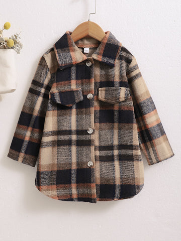 Young Girl Flap Detail Plaid Overcoat